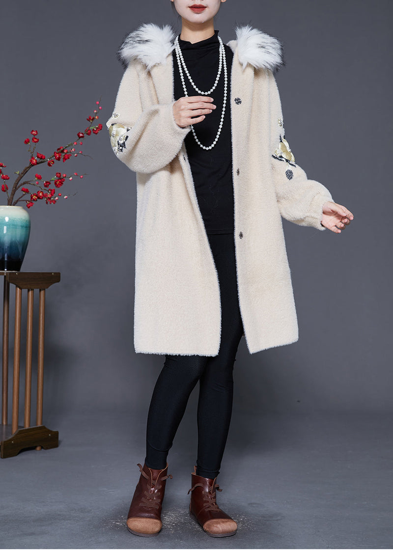 Beige Fur Collar Embroideried Faux Fur Trench Winter