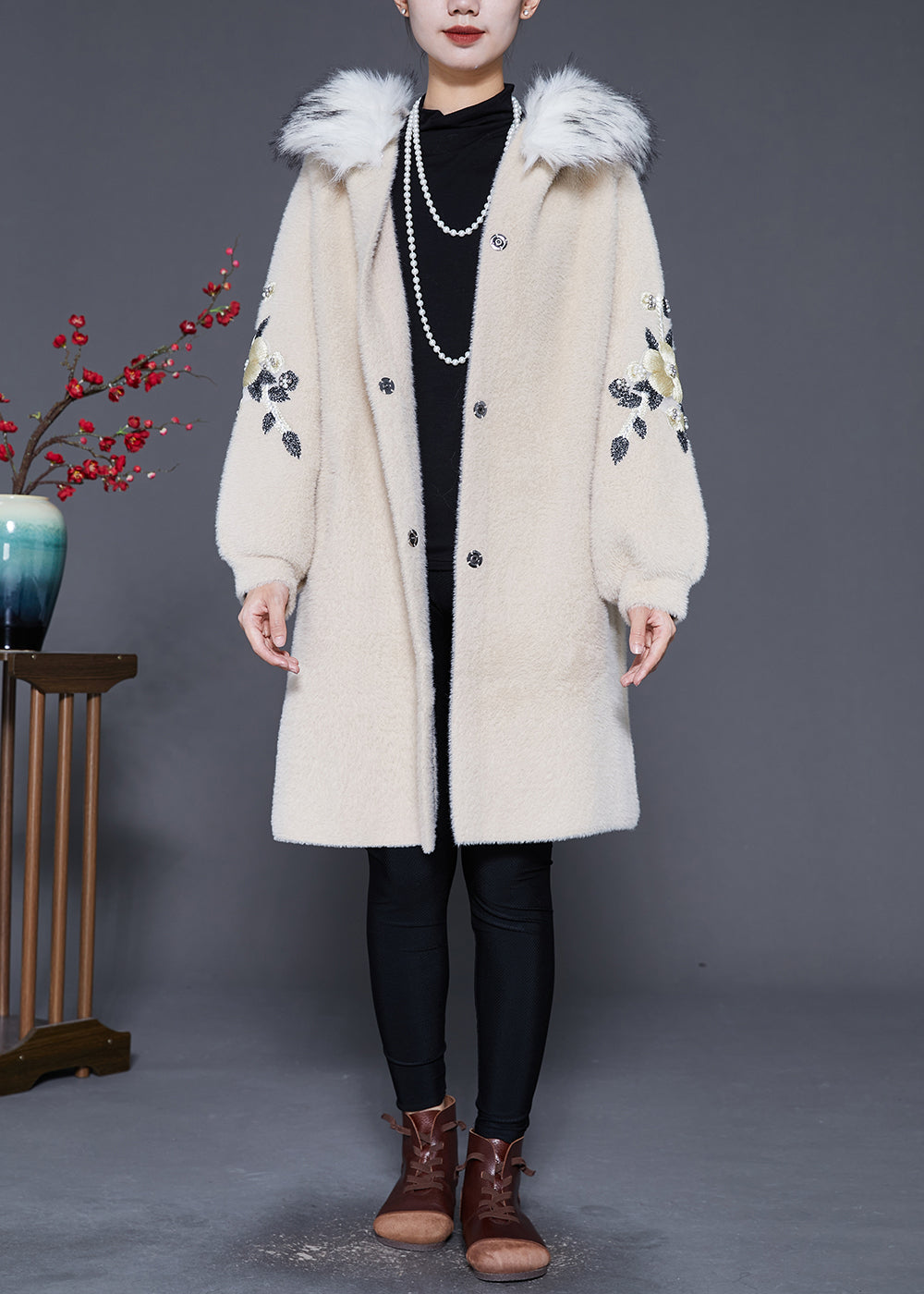 Beige Fur Collar Embroideried Faux Fur Trench Winter