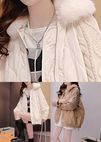 Beige Fur Collar Knit Patchwork Parka Winter