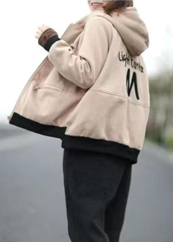 Beige Hooded Embroideried Warm Fleece Jacket Winter