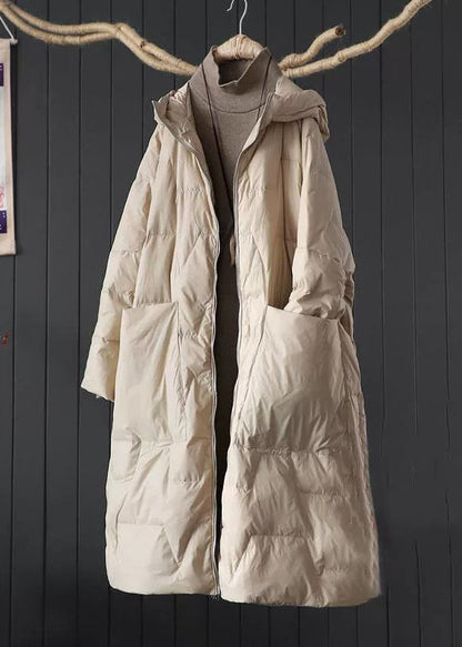 Beige Hooded Pockets Fine Cotton Filled Parkaer Winter