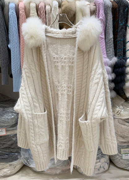 Beige Hooded Pockets Patchwork Knit Cardigan Winter