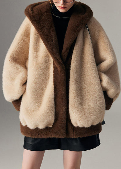Beige Hooded Pockets Patchwork Mink Hair Coats Winter