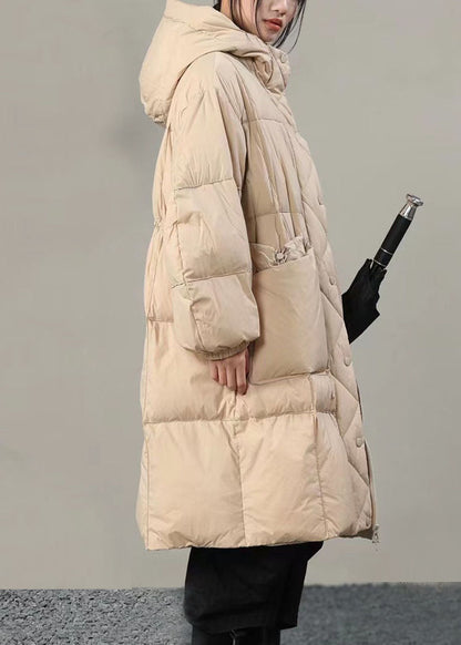 Beige Hooded Pockets Duck Down Winter Coats
