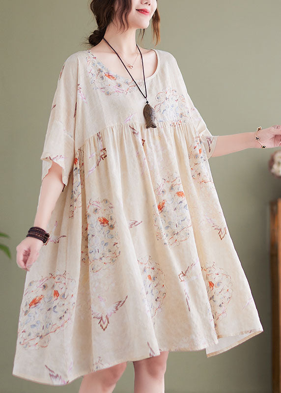 Beige O-neck Wrinkled Print Cotton Mid Dress Short Sleeve