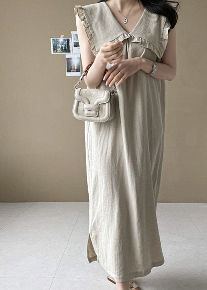 Beige Oversized Ruffled Side Open Linen Maxi Dress Sleeveless