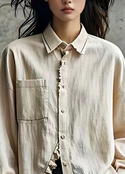 Plus Size Beige Peter Pan Collar Button Shirt Long Sleeve