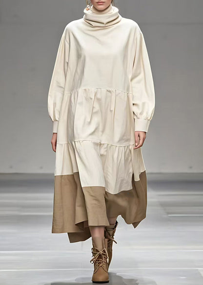 Beige Peter Pan Collar Patchwork Maxi Dress Fall