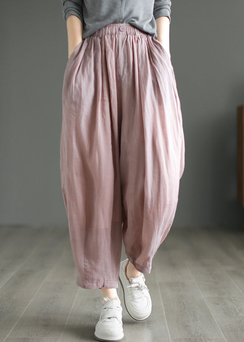 Beige Pockets Wrinkled Linen Pants Summer