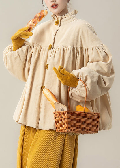 Beige Ruffled Corduroy Cotton Filled Parkas Winter