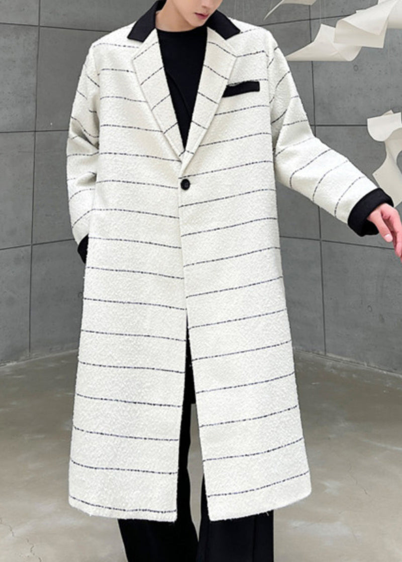 Beige Striped Button Pockets Woolen Coats Winter