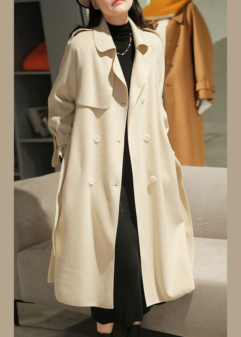 Beige Turn-down Collar Button Sashes Woolen Coat Winter
