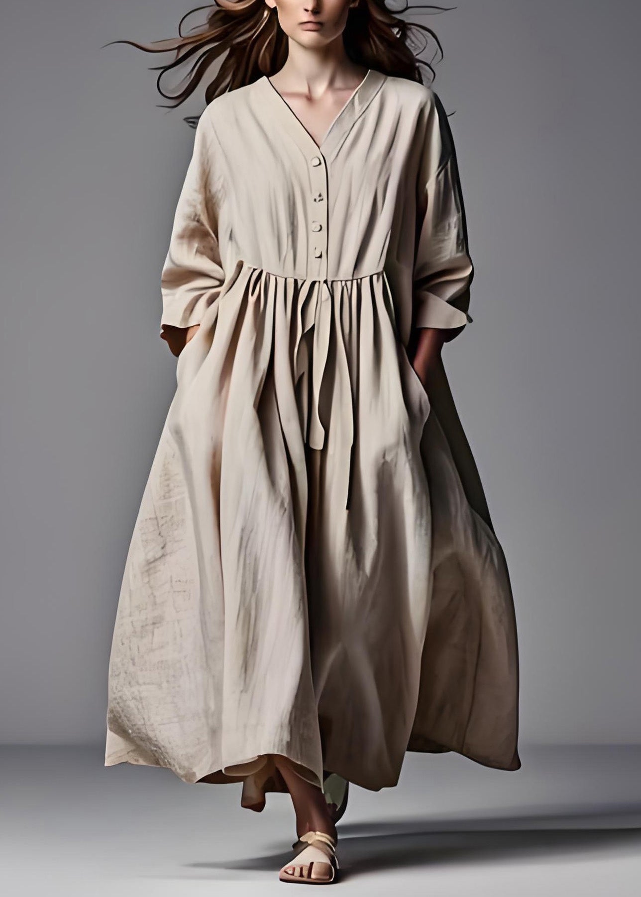 Beige V Neck Wrinkled Patchwork Cotton Dresses Long Sleeve