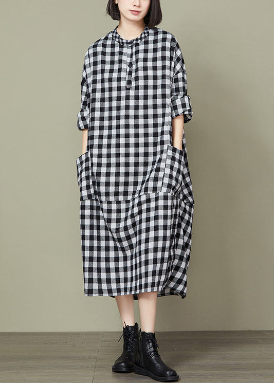 Big Plaid Pockets Patchwork Cotton Long Dresses Fall