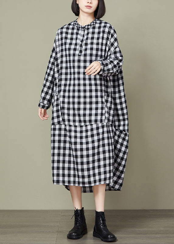 Big Plaid Pockets Patchwork Cotton Long Dresses Fall