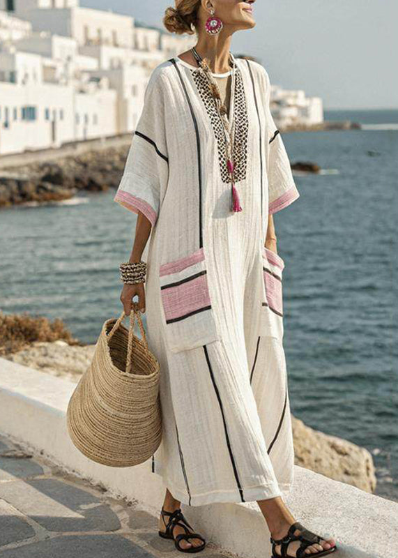Blach Pink Striped Pockets Patchwork Long Dresses Short Sleeve