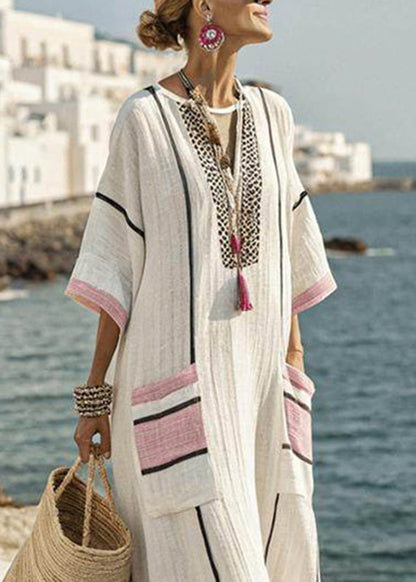Blach Pink Striped Pockets Patchwork Long Dresses Short Sleeve