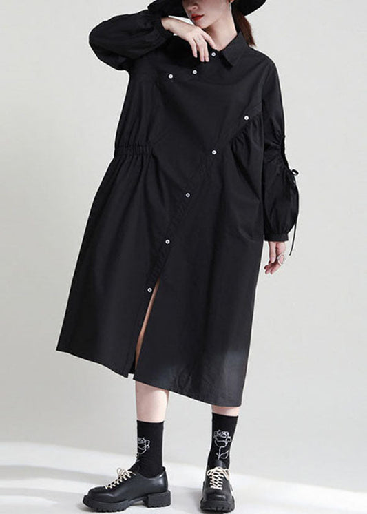 Black Asymmetrical Cinched Cotton Dresses Fall