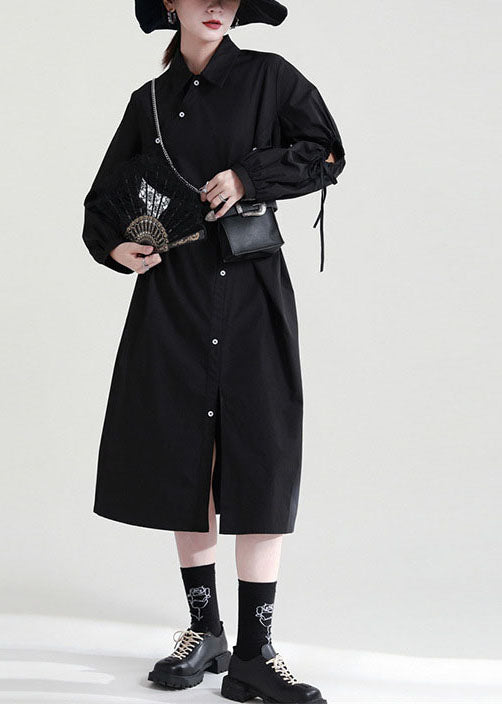 Black Asymmetrical Cinched Cotton Dresses Fall
