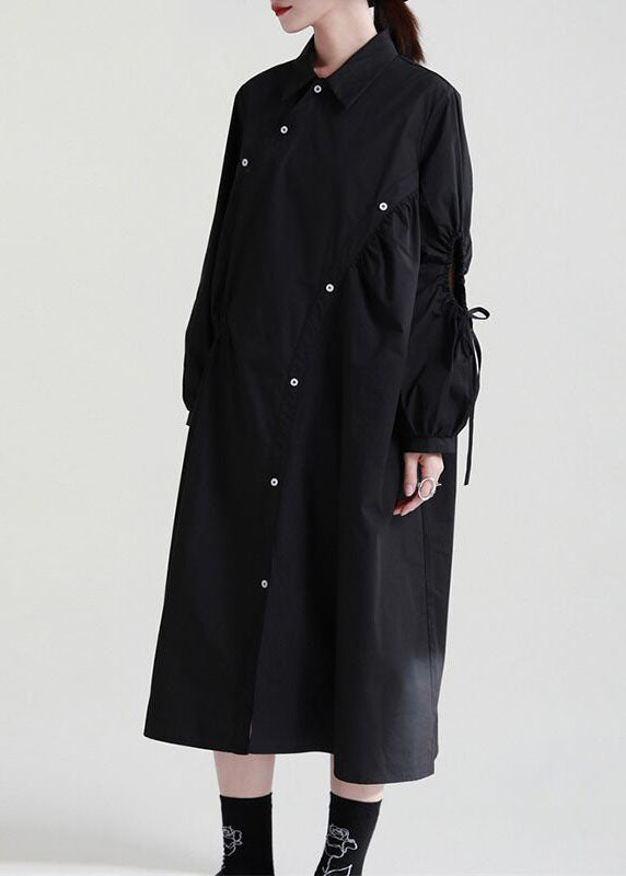 Black Asymmetrical Cinched Cotton Dresses Fall