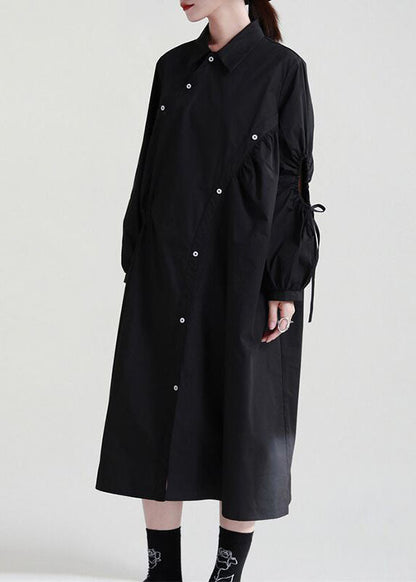 Black Asymmetrical Cinched Cotton Dresses Fall