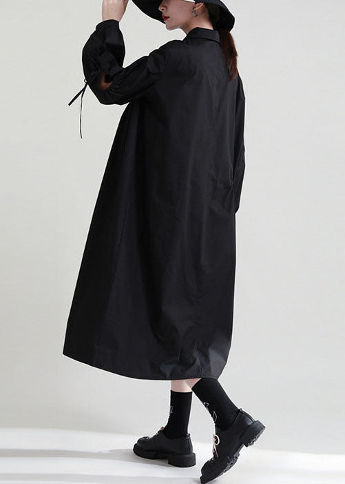 Black Asymmetrical Cinched Cotton Dresses Fall