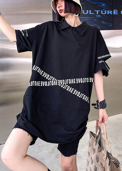 Black Asymmetrical Design Graphic Cotton Summer Holiday Dress