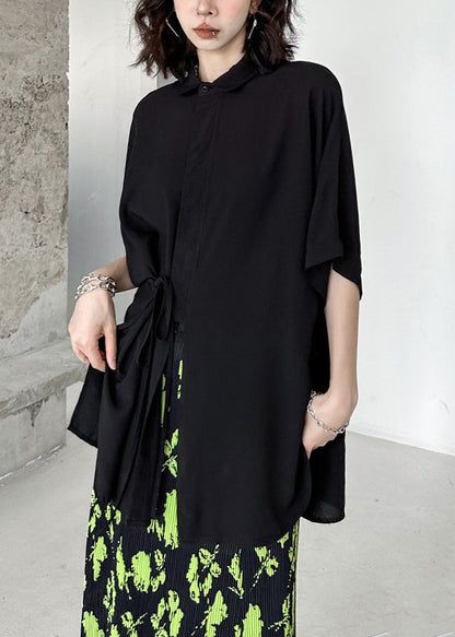 Black Asymmetrical Lace Up Patchwork Cotton Shirt Batwing Sleeve