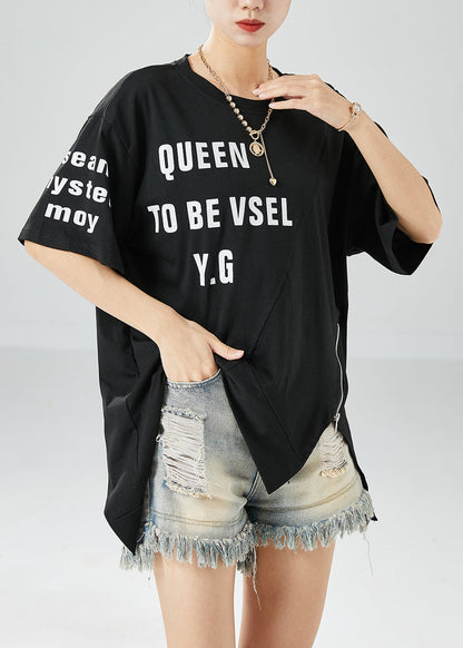 Black Asymmetrical Letter Print Cotton Tanks Summer