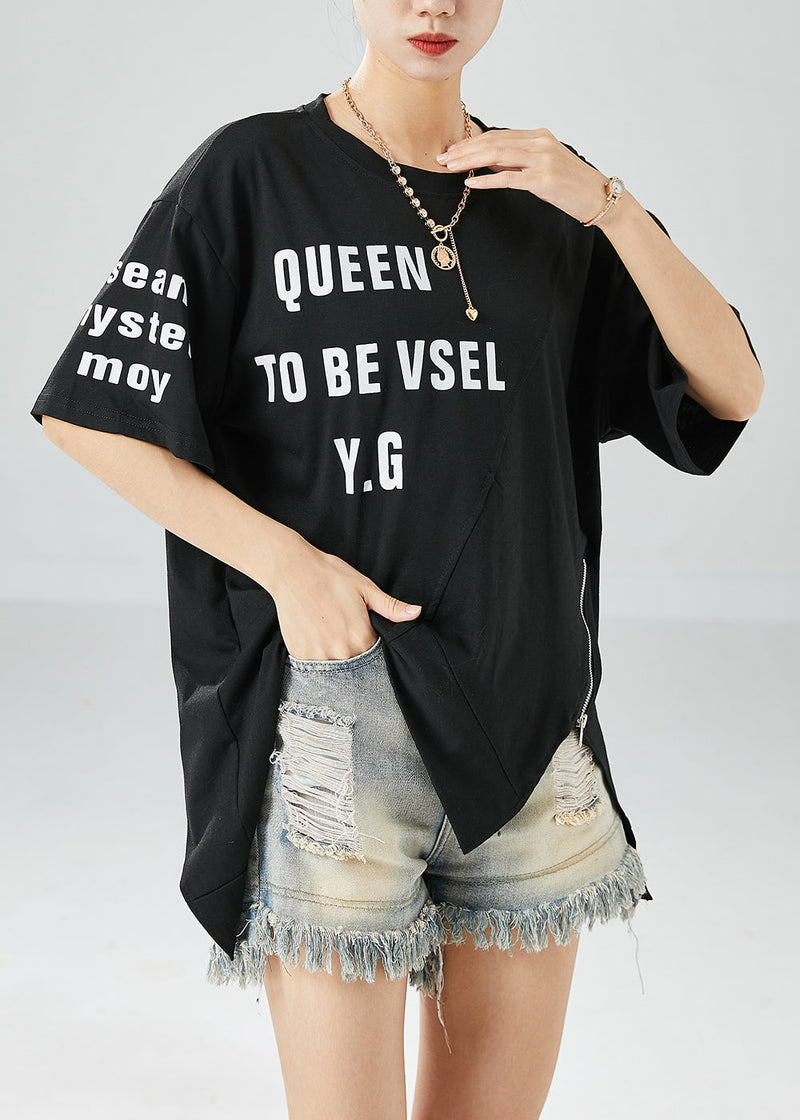 Black Asymmetrical Letter Print Cotton Tanks Summer