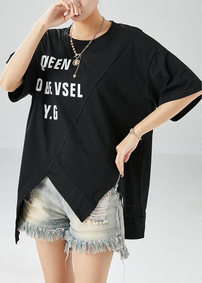 Black Asymmetrical Letter Print Cotton Tanks Summer