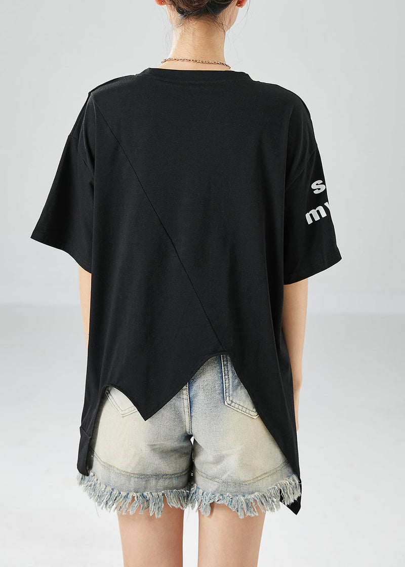 Black Asymmetrical Letter Print Cotton Tanks Summer