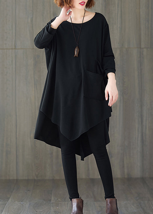 Black Asymmetrical Patchwork Cotton T Shirts Top Fall
