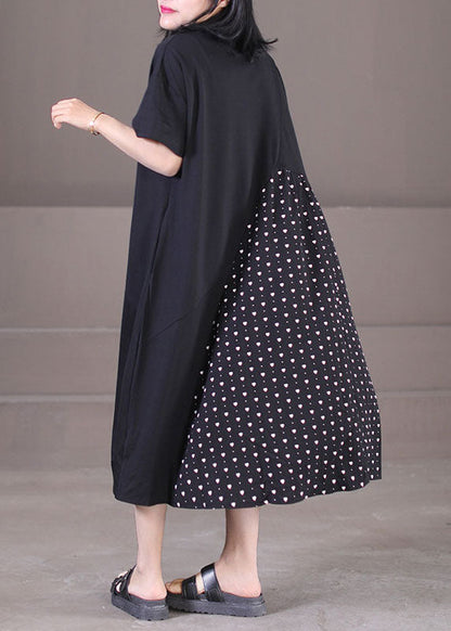 Black Asymmetrical Patchwork Wrinkled Print Cotton Maxi Dress Short Sleeve