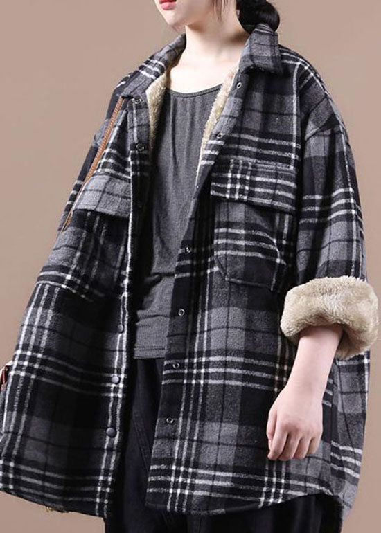 Black Asymmetrical Plaid Fleece Wool Lined Coats Winter