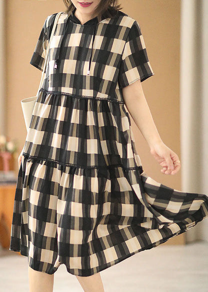 Black Beige Plaid Drawstring Hooded Patchwork Cotton Pullover Dress Short Sleeve