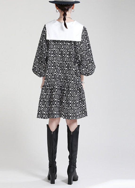 Black Button Patchwork Asymmetrical Design Puff Sleeve Fall Dresses