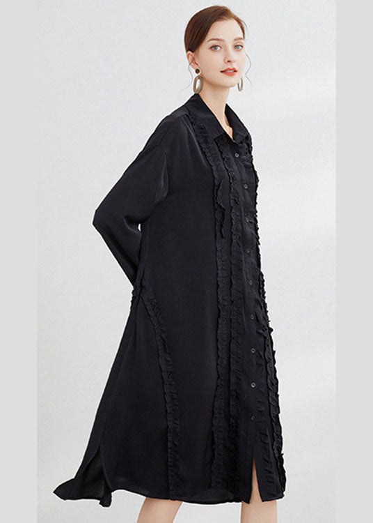 Black Button Shirts Dress Ruffled Spring