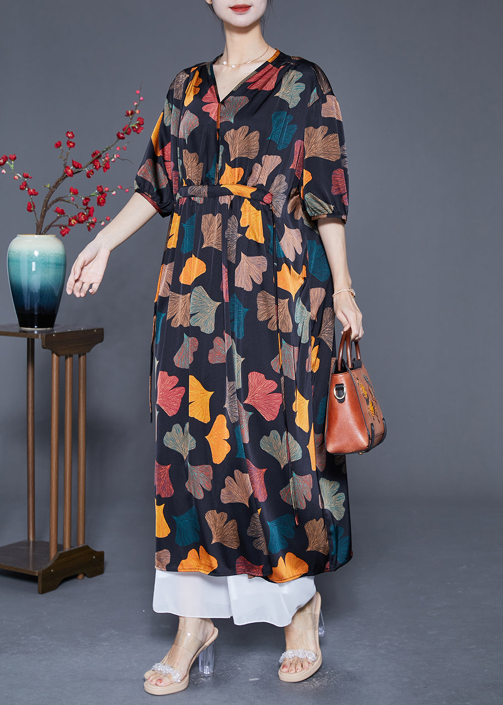 Black Cinched Leaf Print Silk Long Dress Summer