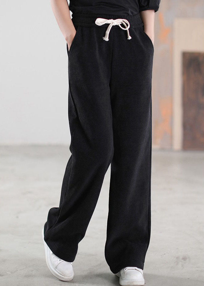 Black Cinched Pockets Corduroy Pants Winter