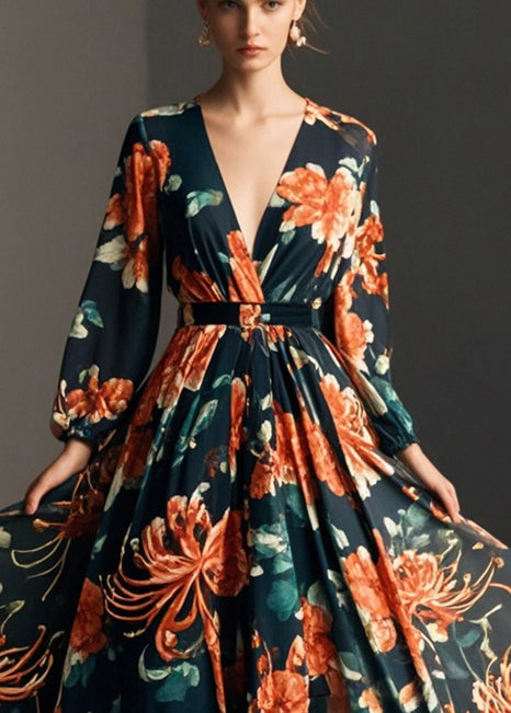 Black Cinched Print Chiffon Party Dress Spring