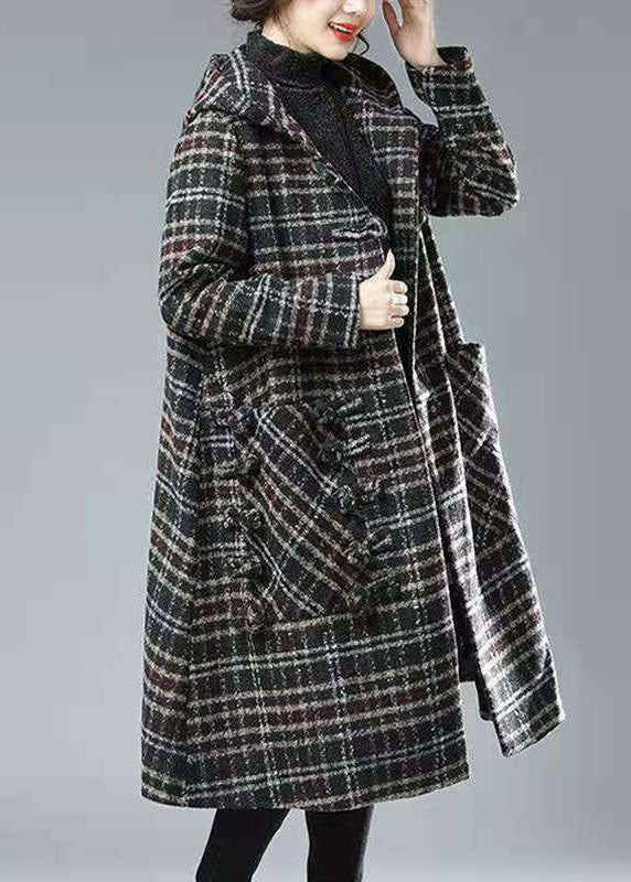 Black Chocolate Plaid Hooded Pockets Thick Woolen Trench Winter