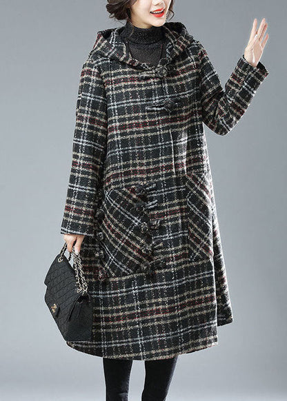 Black Chocolate Plaid Hooded Pockets Thick Woolen Trench Winter