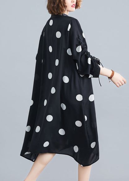 Black Dot Lace Up Patchwork Chiffon Dresses Fall