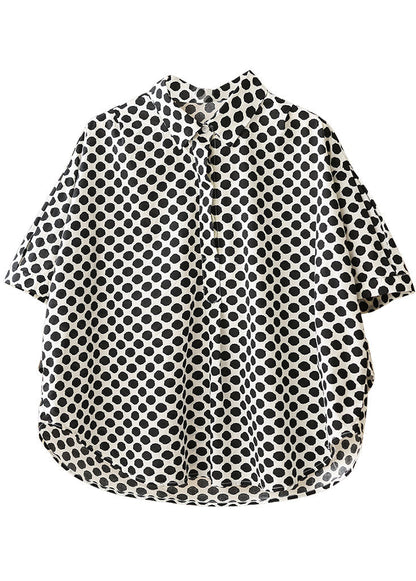 Black Dot Print Peter Pan Collar Cotton Shirts Short Sleeve