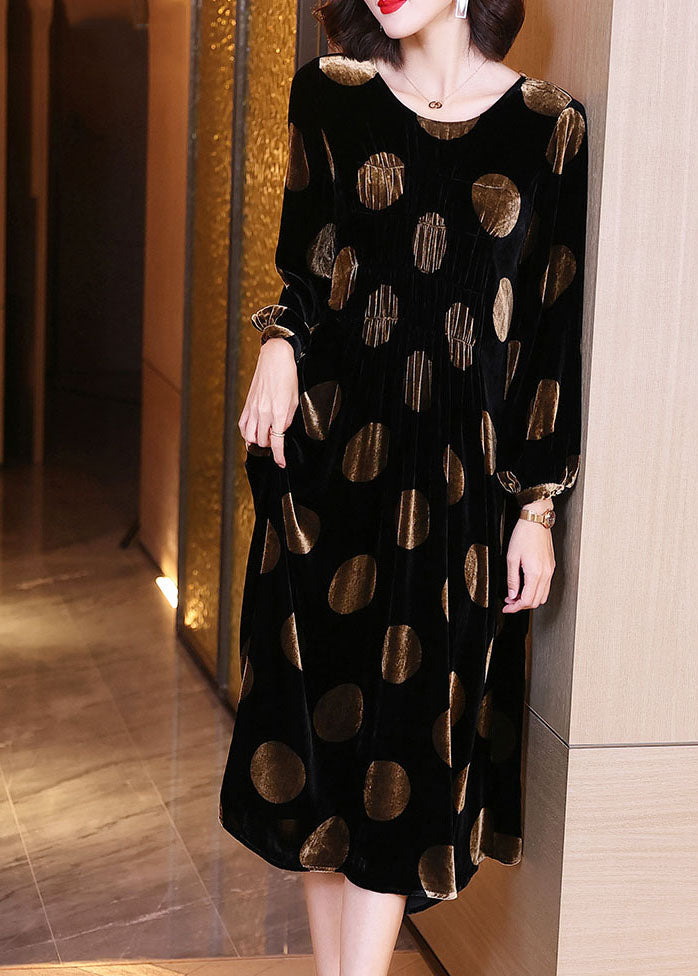 Black Dot Print Velour Dress Spring