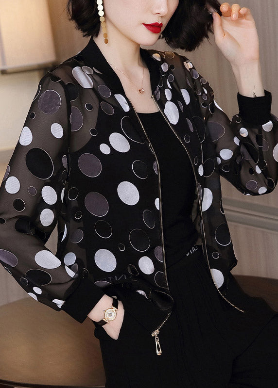 Black Dot Print Zippere Chiffon Sunscreen Coat Long Sleeve