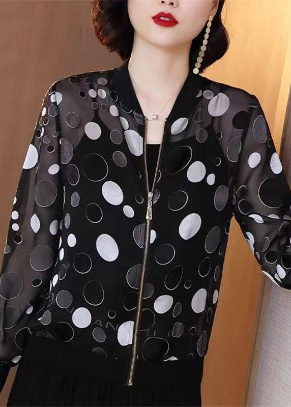 Black Dot Print Zippere Chiffon Sunscreen Coat Long Sleeve