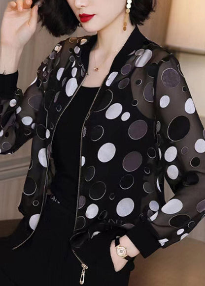 Black Dot Print Zippere Chiffon Sunscreen Coat Long Sleeve