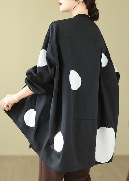 Black Dot Zip Up Drawstring Cotton Coat Long Sleeve